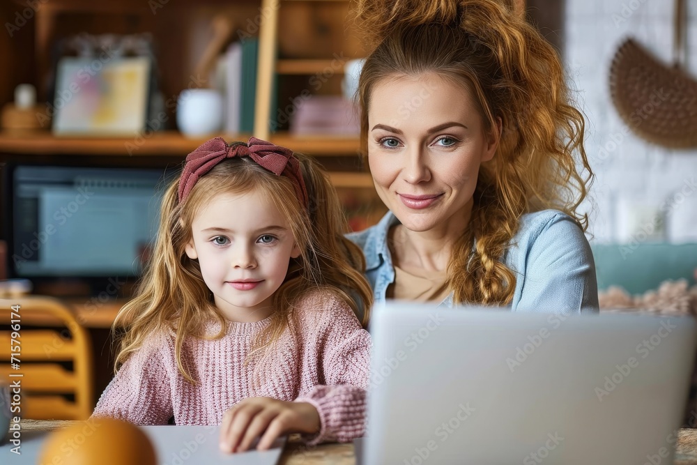 Enchanting Moments of Learning, Mother and Daughter at the Laptop Enchanting Moments of Learning, Mother and Daughter at the Laptop