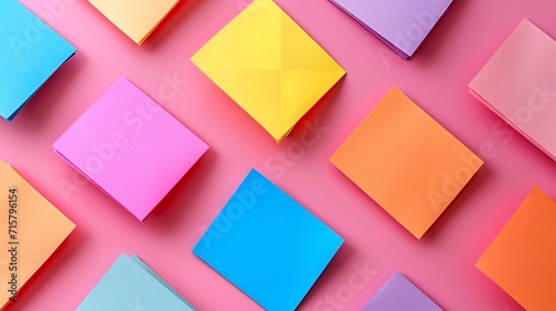 Top view of colorful blank sticky notes on a clean surface with a copy space, Generative AI. photo