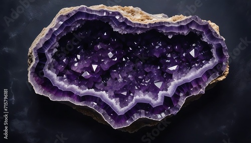 amethyst geode splitted in half on a black background photo