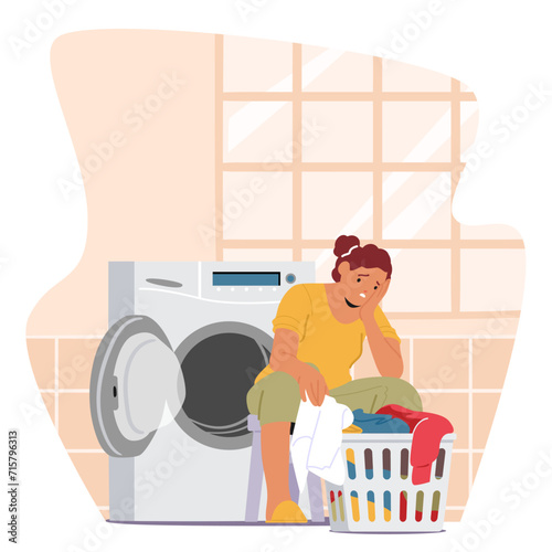 Exhausted Housewife Character, Burdened By Relentless Laundry And Housework, Wearily Navigates Through Chores