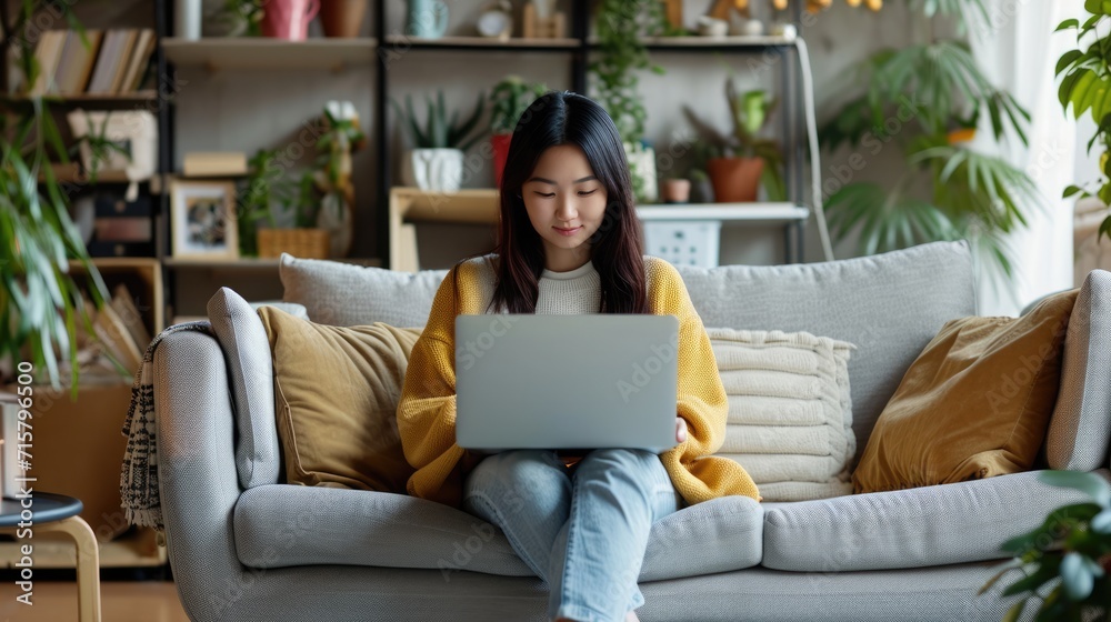 Asian young woman freelancer sitting on comfortable sofa browsing internet via laptop computer. Working from home concept. Asian young woman freelancer sitting on comfortable sofa browsing internet via laptop computer. Working from home concept.