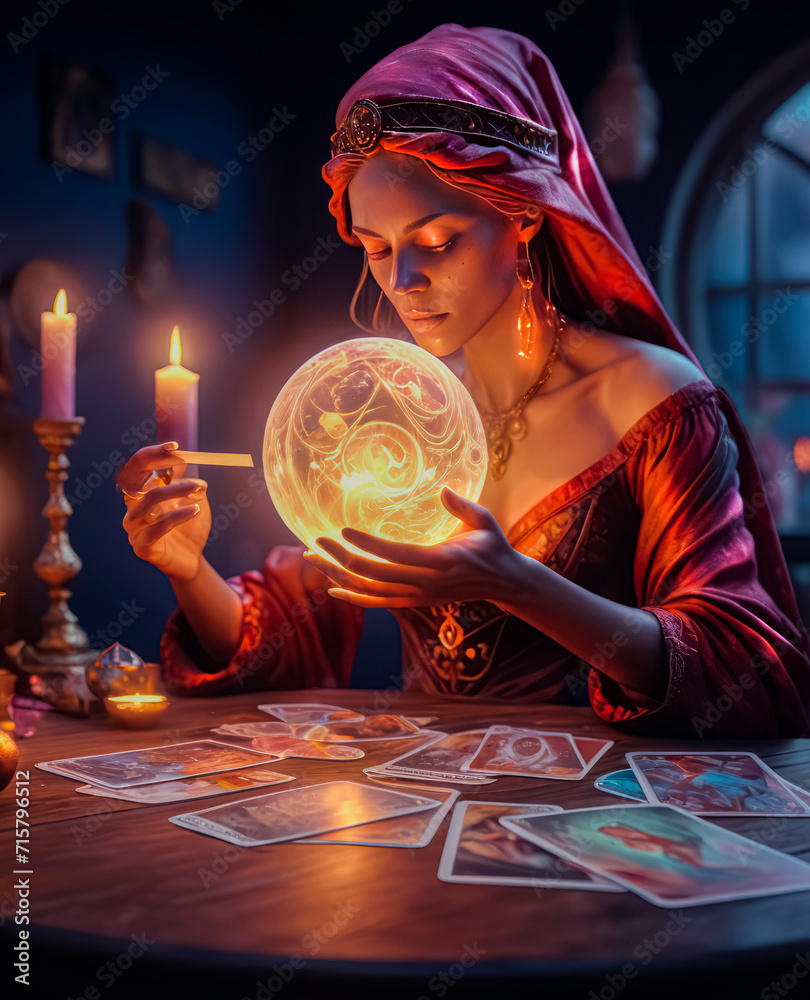 A beautiful mysterious fortune teller with piercing eyes predicts fate on a magic ball - obrazy, fototapety, plakaty 