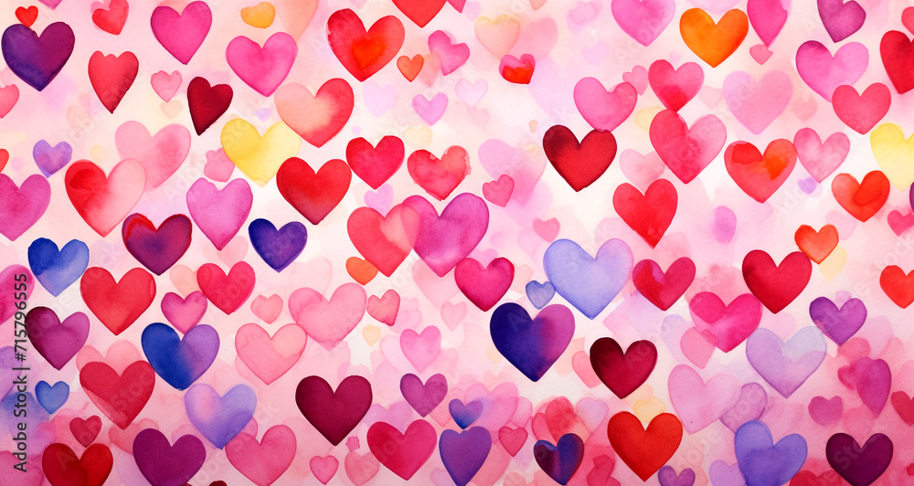 Valentine's day vibrant watercolor concept with hundreds of happy and beautiful hearts Valentine's day vibrant watercolor concept with hundreds of happy and beautiful hearts