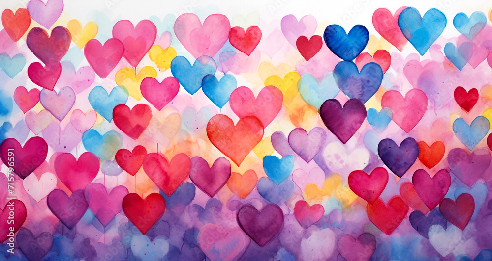 Valentine's Day vibrant watercolor concept with hundreds of happy and beautiful hearts, blurred heart shapes