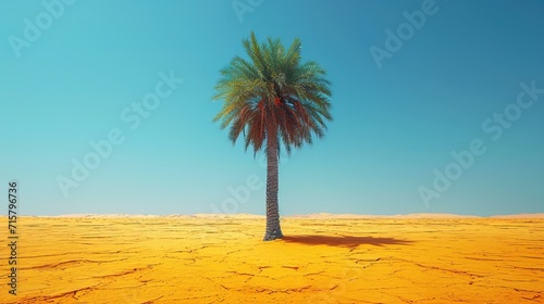 Create a minimalist composition of a lone palm tree in a vast desert  highlighting solitude and survival. This concept provides a unique take on the classic oasis theme.