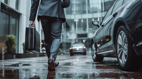 Modern young businessman holding document bag and going to his car while evincing confidence. photo