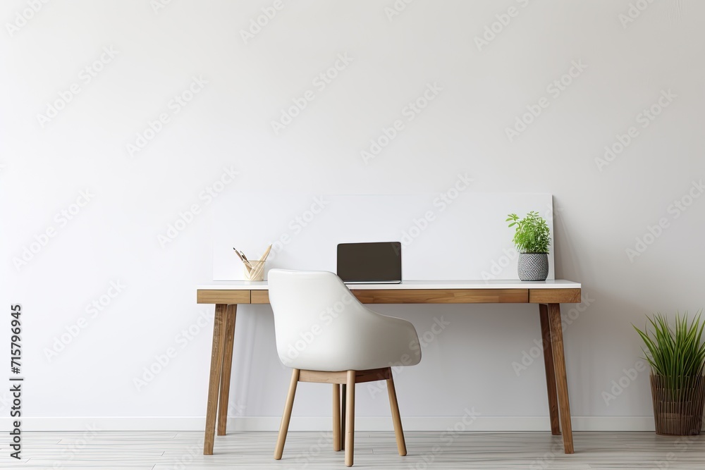 Fototapeta premium minimalist home office room with wooden table, wooden chair, a laptop, and green leaves plant in white ceramic pot. All in Scandinavian style.