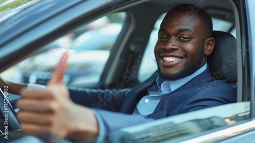 African American businessman showing thumb up while on expensive ca, New car, Car insurance concept. © Oulaphone