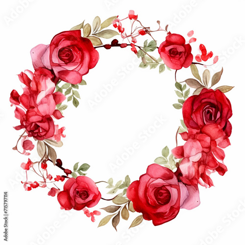 Wedding floral frame of watercolor pink roses flower circle on white background, pink rose circle border frame