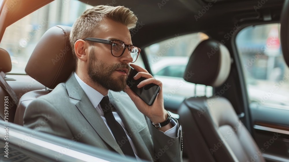 Young businessman talking on mobile phone while sitting on back seat of a car. - obrazy, fototapety, plakaty 