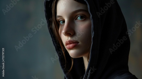 A beautiful young woman wearing a black hoodie. Created with Generative Ai technology.