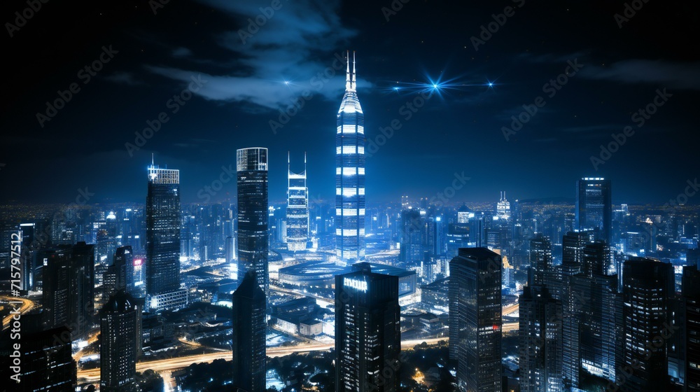 Urban Skylines: Aerial View of Modern Cityscape with Skyscrapers and Lights at Sunset