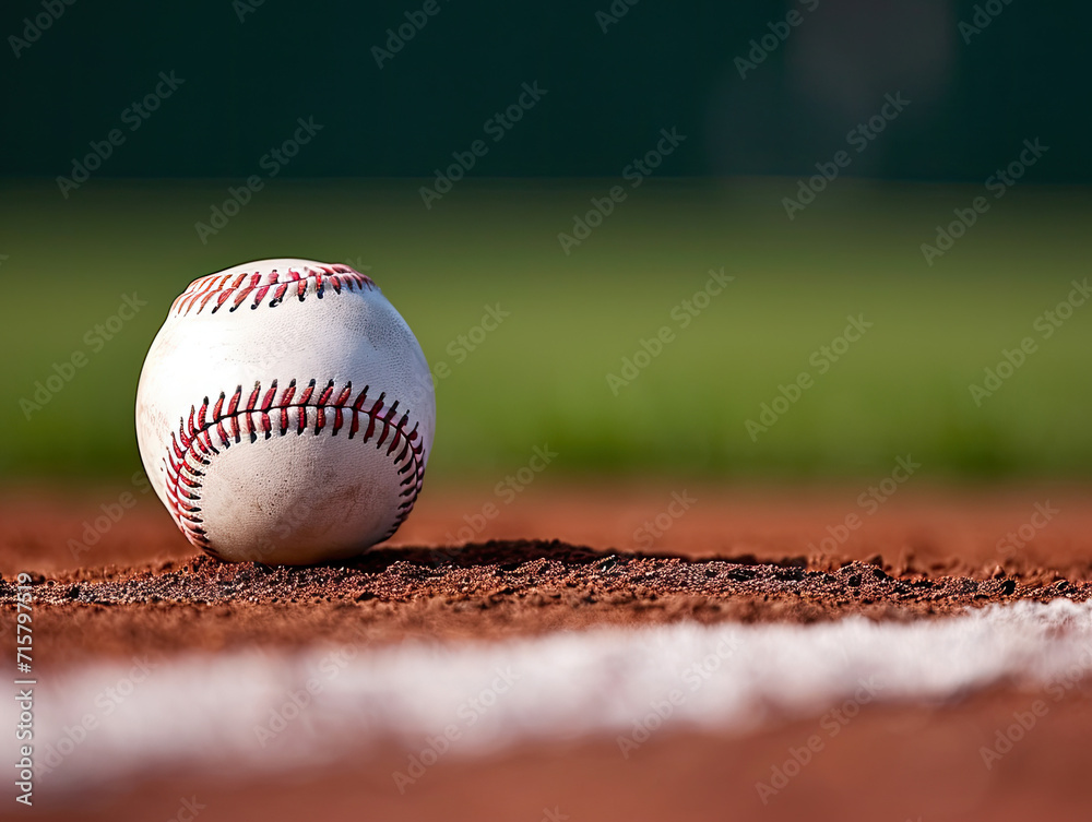 A baseball ball on a baseball field.