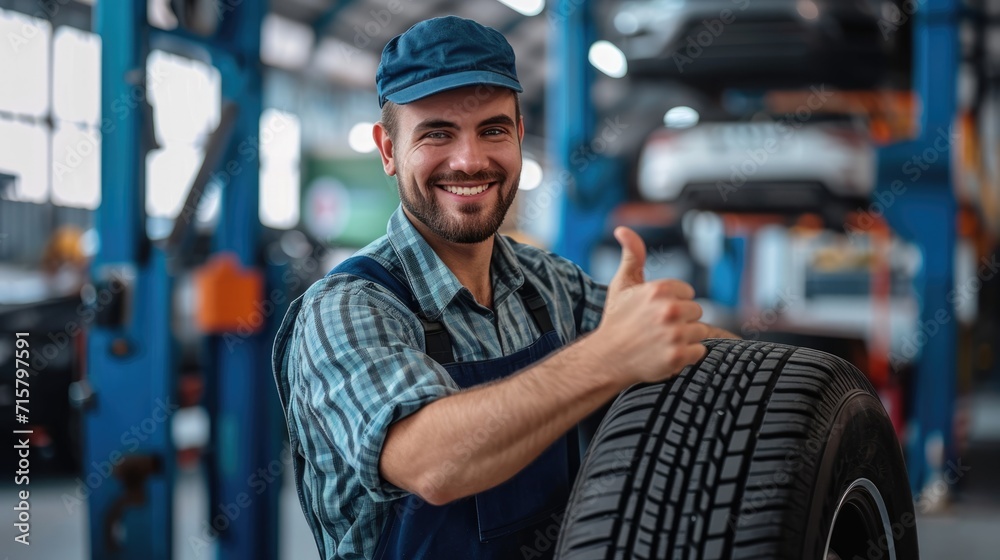 Smiling mechanic showing thumbs up with car tire in the car repair shop. Smiling mechanic showing thumbs up with car tire in the car repair shop.
