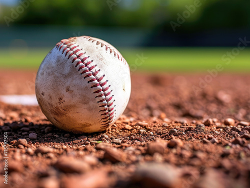 A baseball ball on a baseball field.