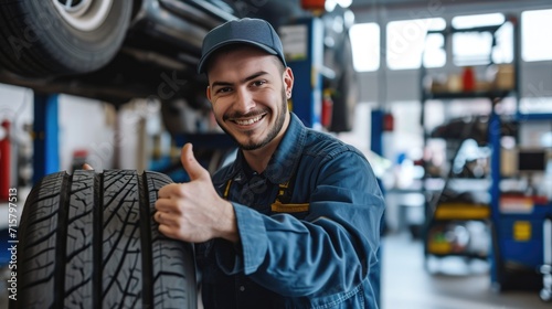 Smiling mechanic showing thumbs up with car tire in the car repair shop. photo