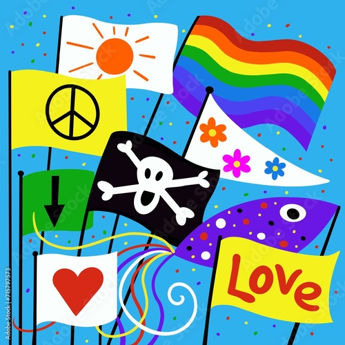 Festival flags. Illustration of flags held high in the crowds at a music festival. Colourful flags and banners typically seen at Glastonbury and other music festivals.