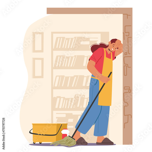 Tired Housewife, Surrounded By Chores, Battles Fatigue With Every Sweeping Motion, Vector Illustration