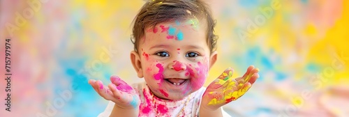holi spring festival, portrait joyful child playing with holi colors, kids festive activities and drawing classes concept banner.
