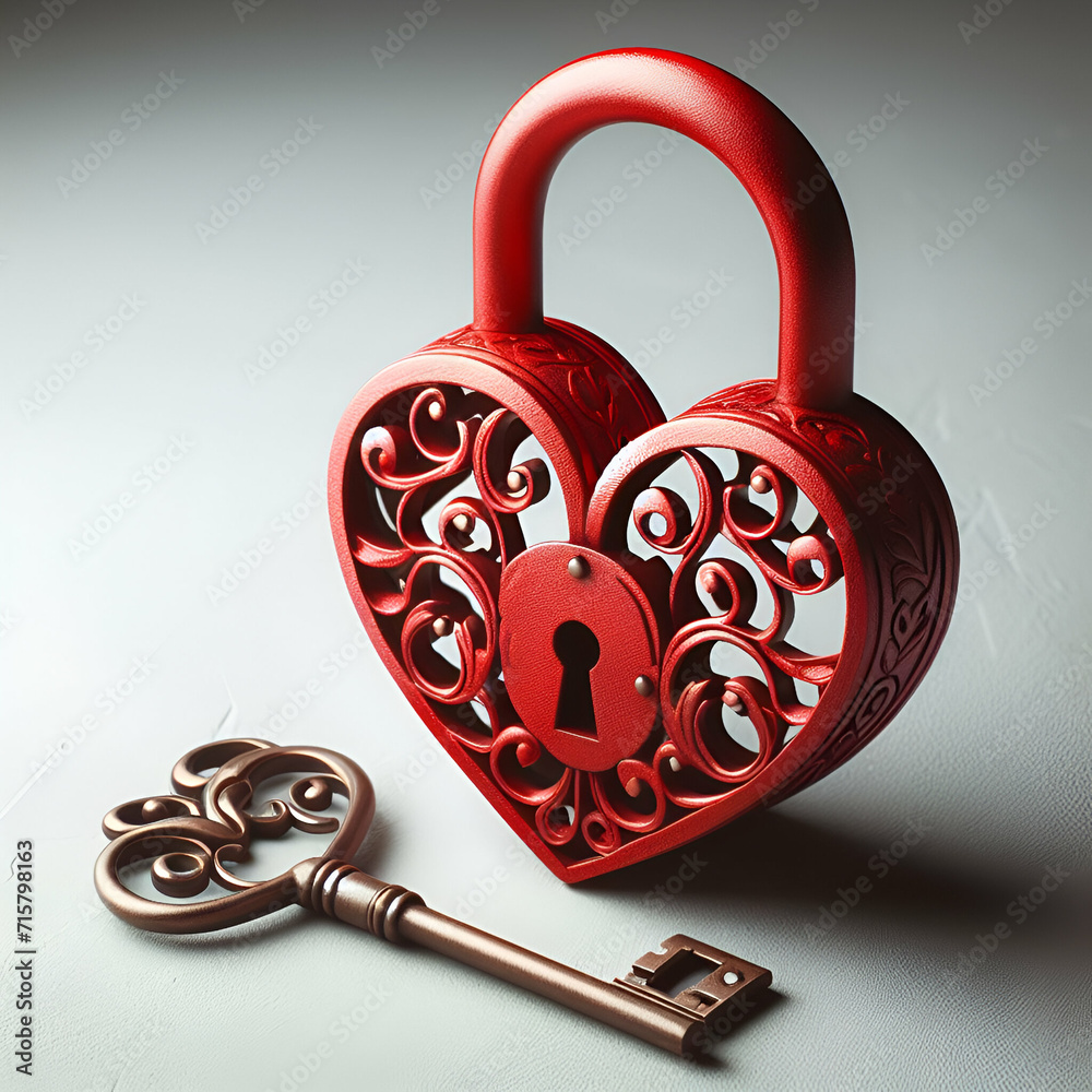 Red forged lock in the shape of a heart and a key to it. A symbol of ...