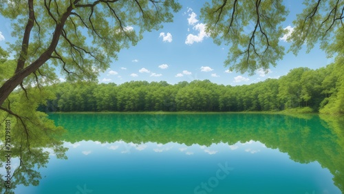 blue lake surrounded by trees and blue sky