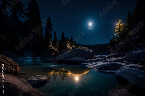 Moonlight bathes the rocks in the crystal clear water  casting a soft  silver glow
