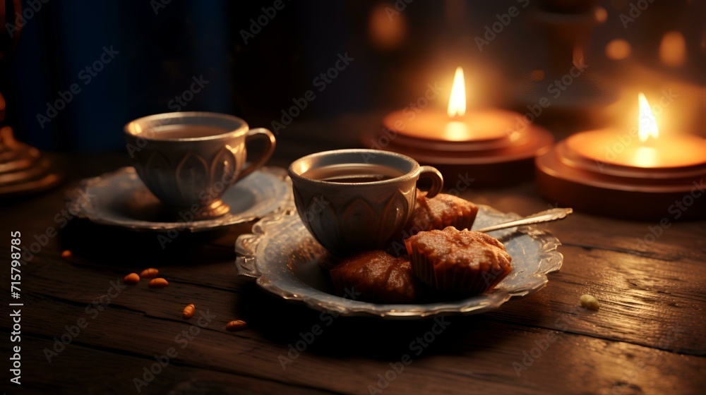A cup of tea with croissants and candles on a wooden table