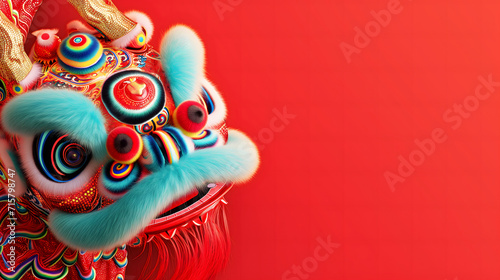 Chinese New Year seasonal social media background design with blank space for text. Closeup cute dancing dragon head in vivid color on red background. photo