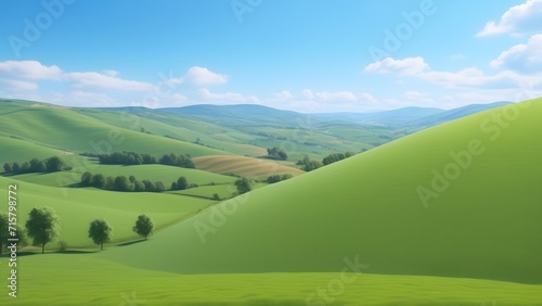 a 3d rendering of a green landscape with hills and trees
