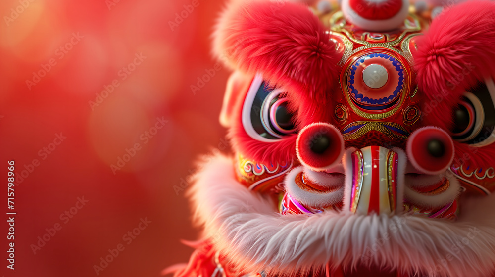 Chinese New Year seasonal social media background design with blank space for text. Closeup cute dancing dragon head on red background.