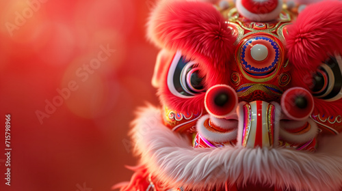 Chinese New Year seasonal social media background design with blank space for text. Closeup cute dancing dragon head on red background.