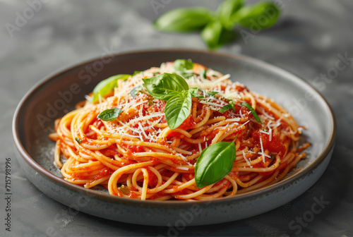 Tasty spaghetti with tomato sauce, parmesan, and basil on a plate, isolated in a marble table, basil the background