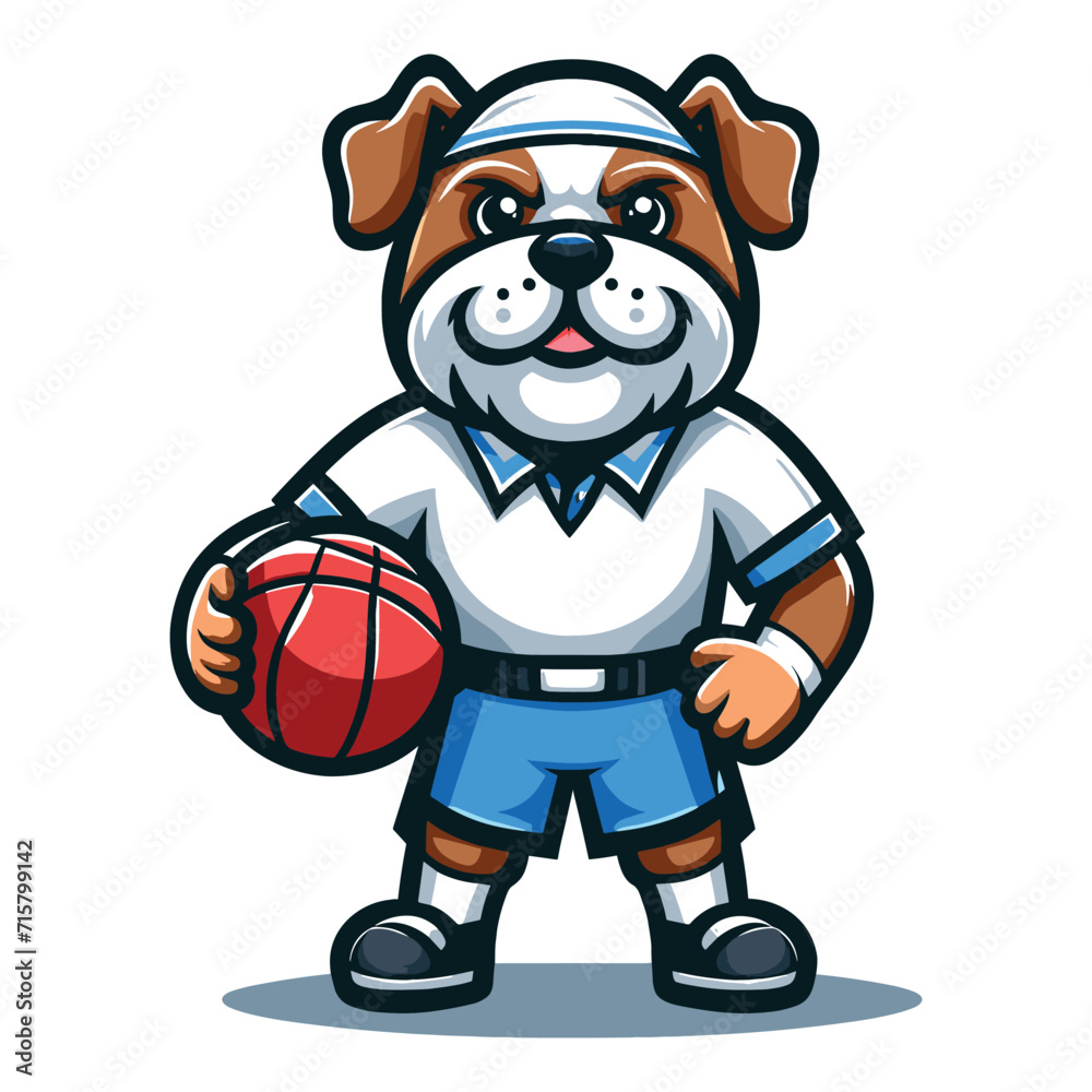 Cute cartoon bulldog puppy playing basketball mascot character design vector, logo template isolated on white background Cute cartoon bulldog puppy playing basketball mascot character design vector, logo template isolated on white background
