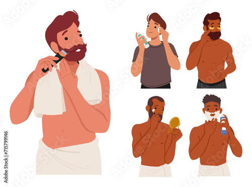 Man Beauty Routine Involves Cleansing, Shaving, Moisturizing, And Grooming Facial Hair. Character Skin Health