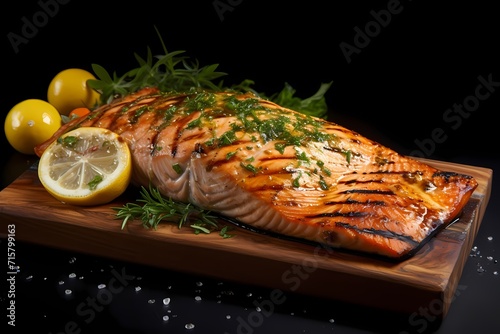 A beautifully grilled salmon fillet adorned with a zesty lemon slice and a sprinkle of fresh herbs.