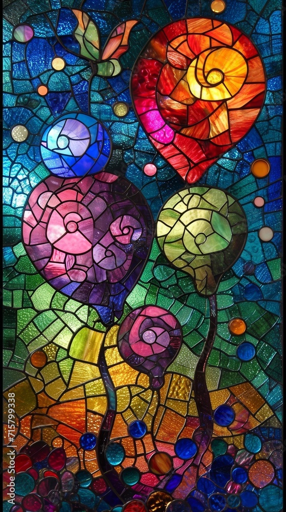 Stained glass window background with colorful balloons abstract.	