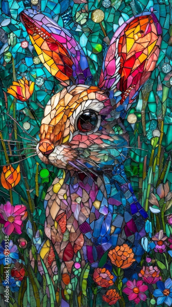 Stained glass window background with colorful rabbit abstract.