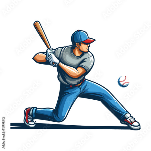 Baseball softball player in action vector illustration, hitter swinging with bat design template isolated on white background