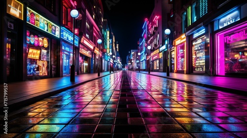 Neon Nightlife: Urban Cityscape with Vibrant Lights and Reflections photo