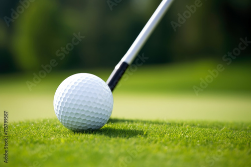Golf ball on tee in focus with club poised for drive on a lush green.
