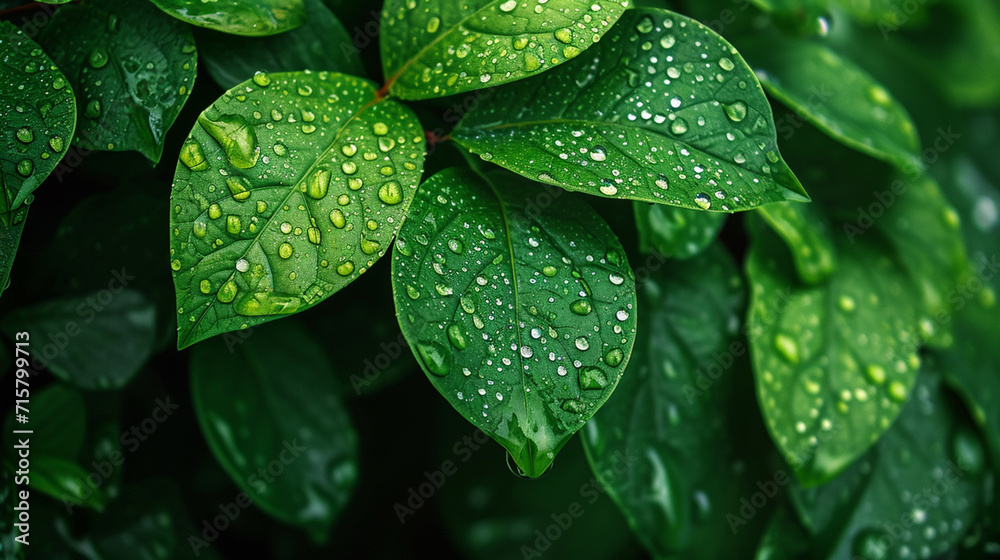 Green leaves with water drops on them