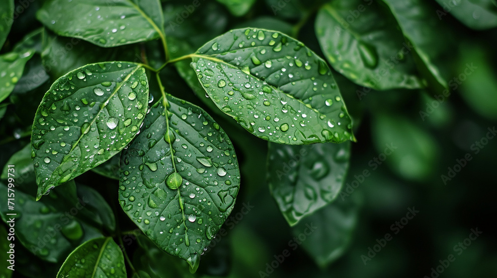Green leaves with water drops on them
