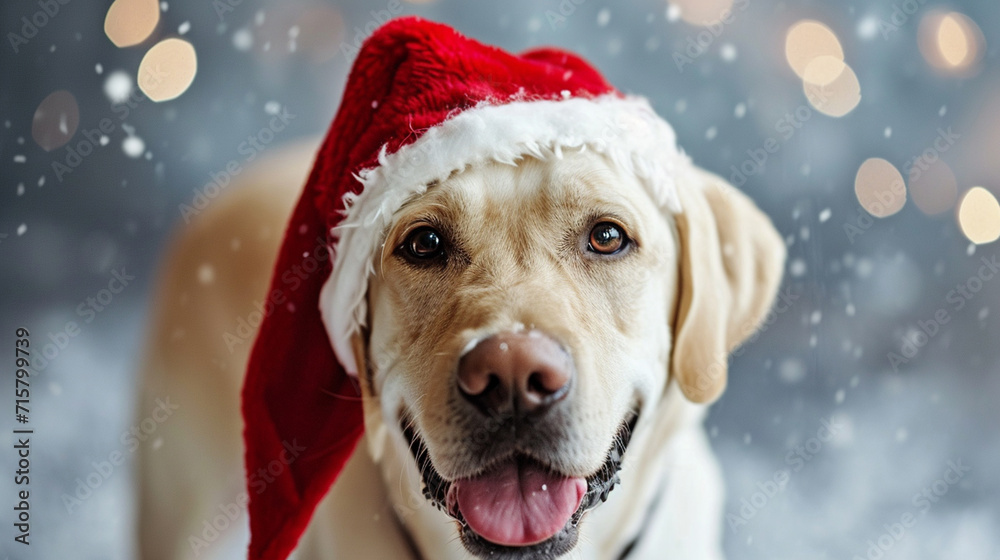A labrador dog with a Santa hat