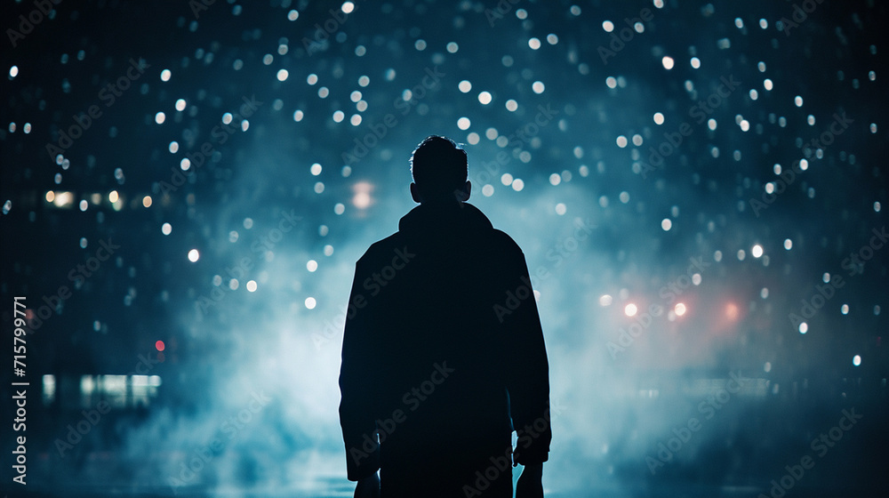 Silhouette of a man on a dark background with bokeh