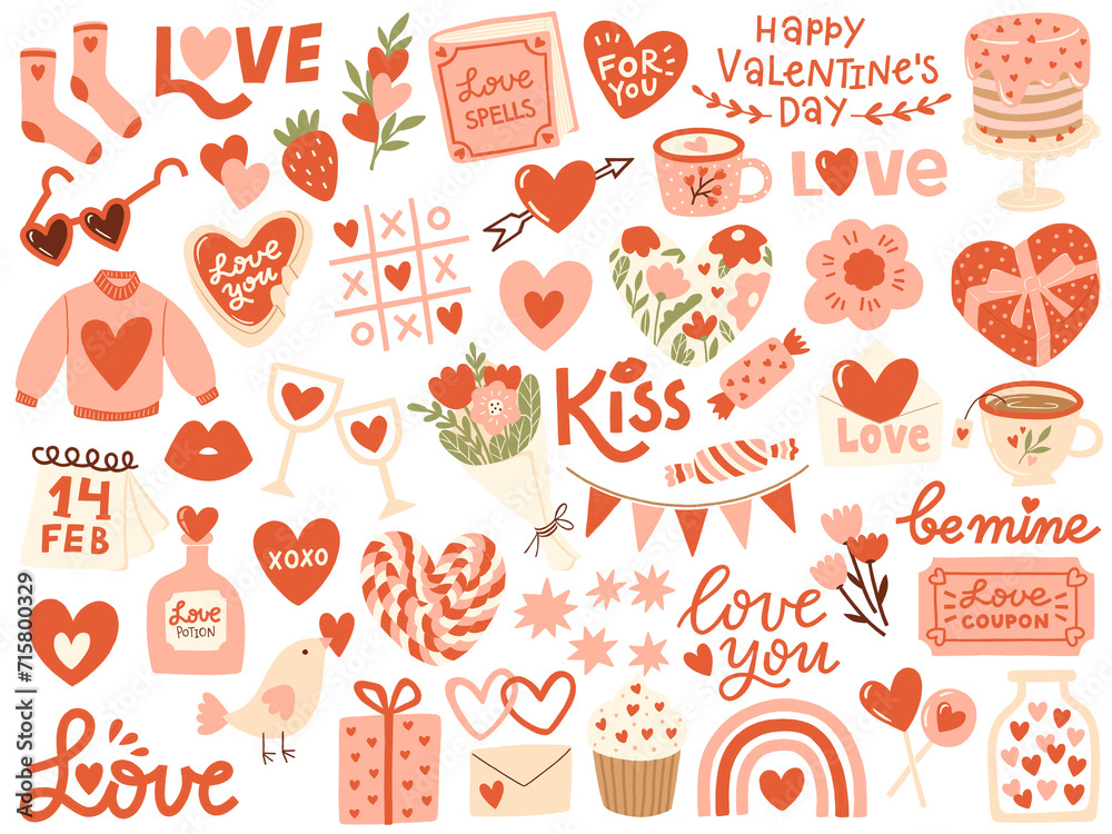 Valentine's Day Romantic Illustrations Bundle with playful and whimsical illustrations of heart, love, lips, flowers, gift, stars, love lettering, sweater, tea cup, rainbow elements.