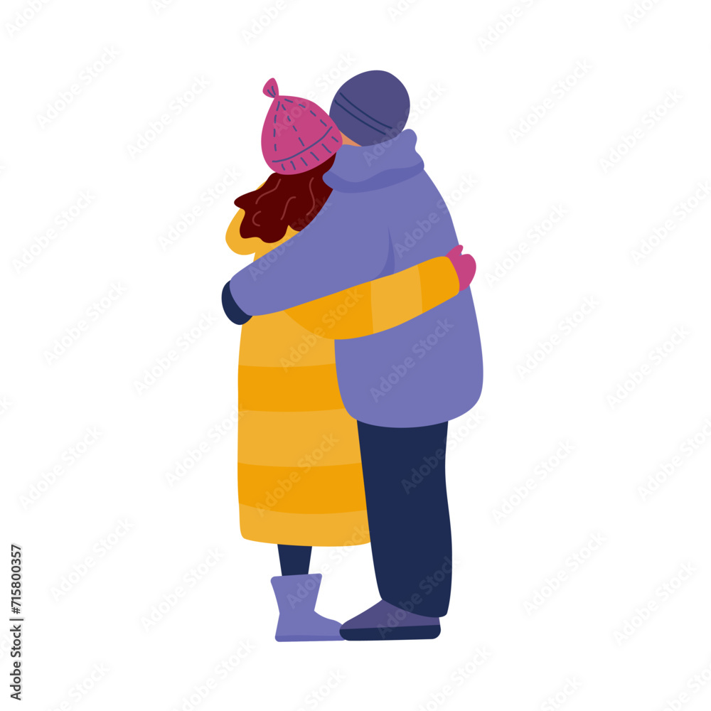 A couple standing hugging in warm clothes. Side view. Vector isolated color illustration in flat style.