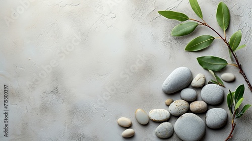 Top view of grey stones, zen, flowers, palm fronds, and a stone background with a spa theme, Generative AI.