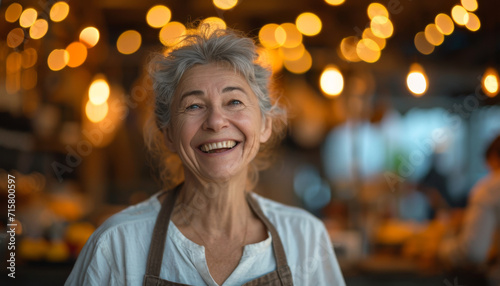 Joyful Senior Female Café Owner. Elderly woman with grey hair, smiling warmly in a cafe, bokeh lights in the backdrop.