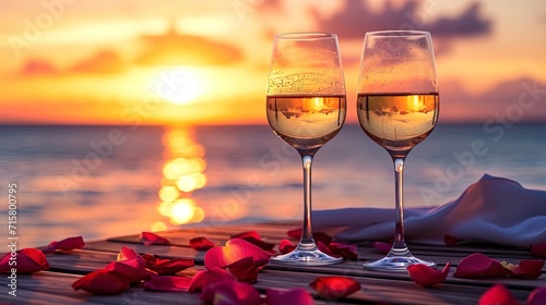 Two glasses of white wine with rose petals on the beach at sunset, ai generative