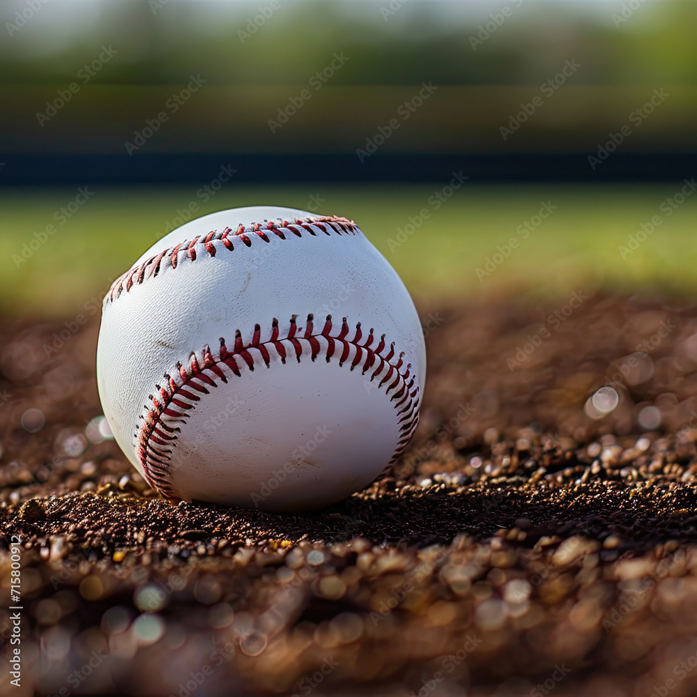 Closeup of a white baseball with red seams resting on the ground in a baseball field